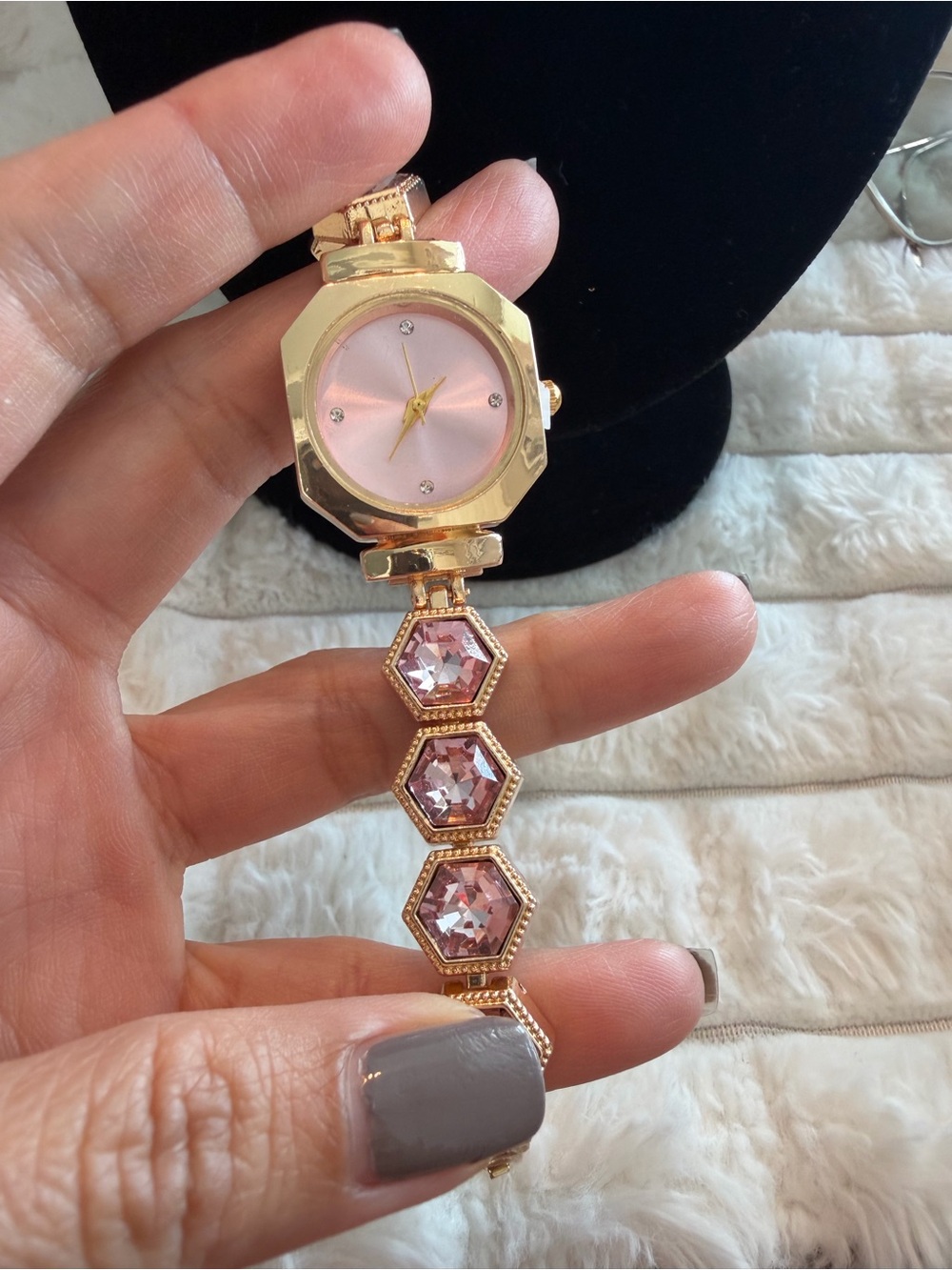 Gold-Tone Pink Crystal Bracelet Watch